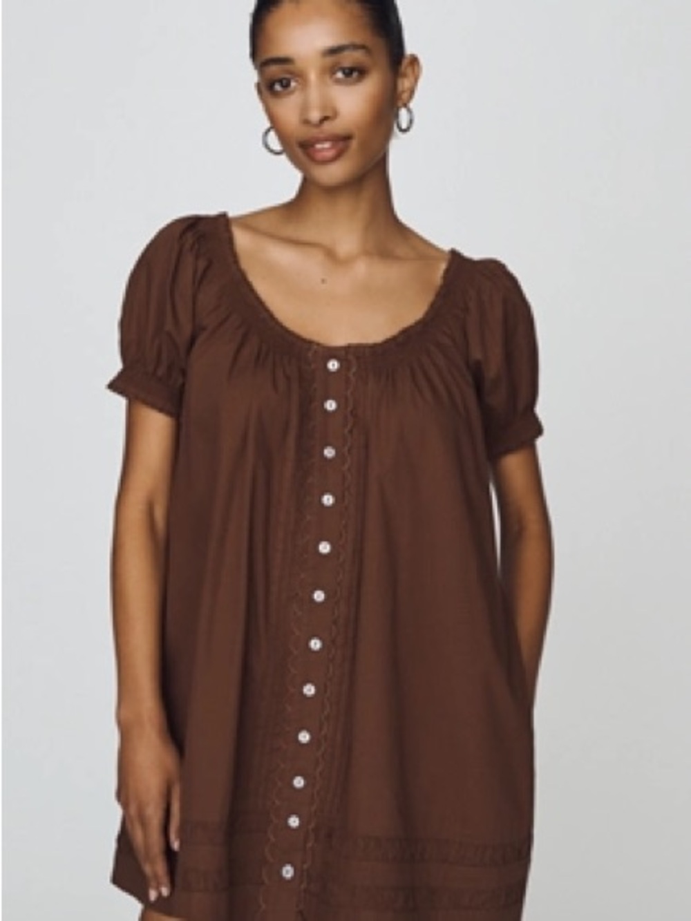 Damson Madder Jayne 100% Cotton Mini Dress in Chocolate Brown